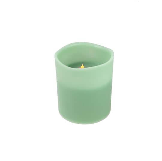 8&#x22; Sage Green LED 3-Wick Flickering Wax Pillar Candle
